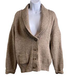 Lands End Women's 100% Wool Brown Ragg Shawl Neck Cardigan Sweater Size M Cozy
